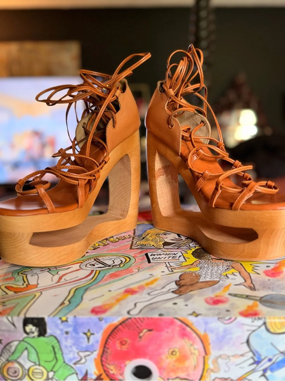 Jeffrey Campbell Tan BLAZE-UP Lace-Up Platform Wooden Wedge